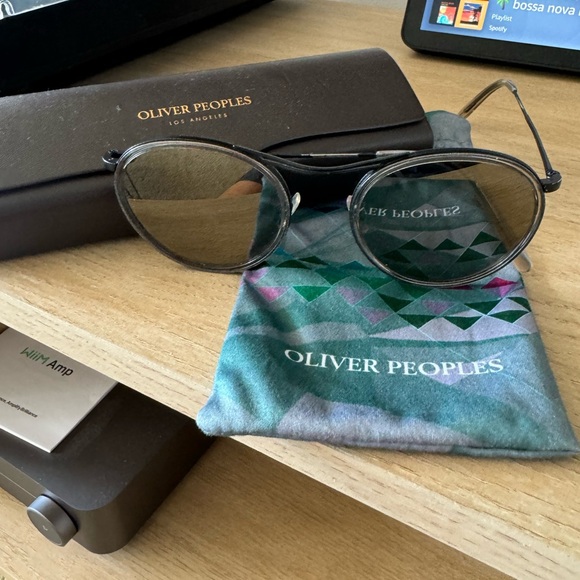 Oliver Peoples Round Sunglasses Black Silver Frame with Green Lenses